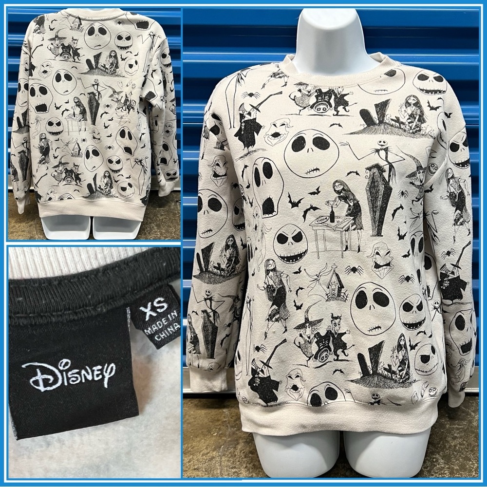 Disney Cream and Black Crewneck Sweater with Cartoon Faces